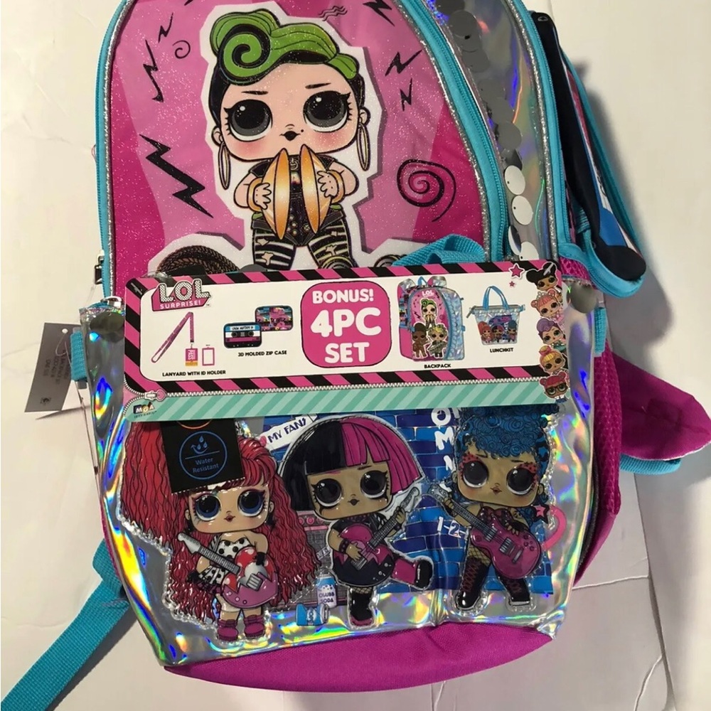 New L.O.L. Surprise! Remix 4pc. Pink Backpack 17” Lunch bag Lanyard Zip Case NWT - Picture 4 of 10